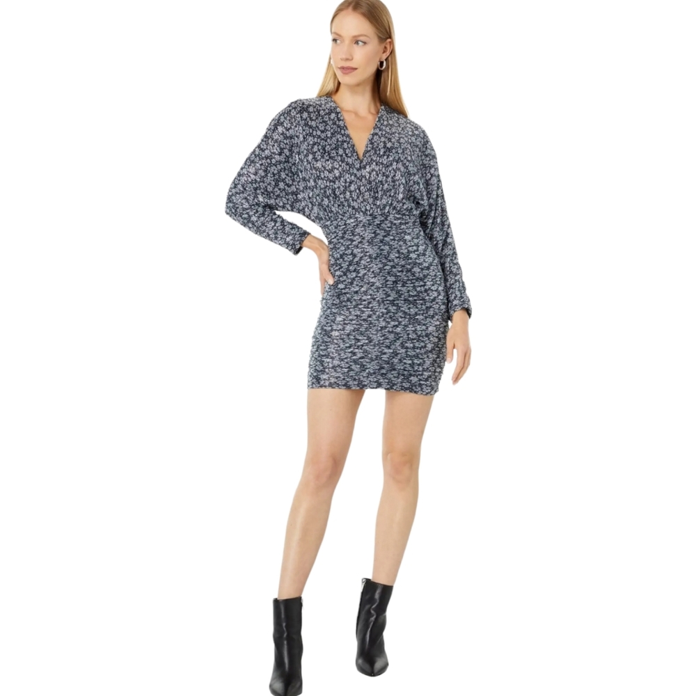 NWT Bardot Soft Blue Metallic Flora Crossover Ruched Bracelet Sleeve Dress SZ 8